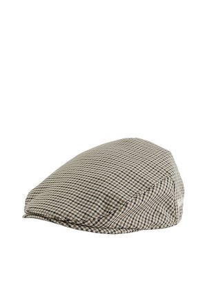 Casquette plate marron et beige à motif pied-de-poule, avec une petite visière et des panneaux cousus, présentée sur fond blanc.
