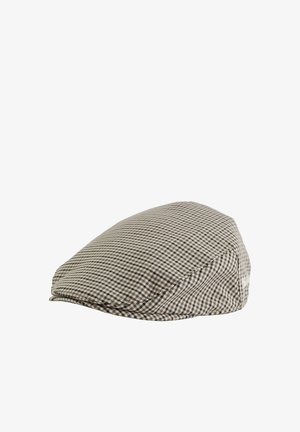 Cappello piatto marrone e beige con motivo pied de poule, con visiera corta e pannelli cuciti, mostrato su sfondo bianco.
