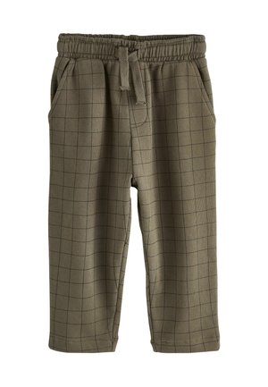 Oliwkowe spodnie dresowe z elastycznym pasem, sznurkiem do regulacji, bocznymi kieszeniami oraz czarnym wzorem w kratkę na całej powierzchni. Miękki, teksturowany materiał.