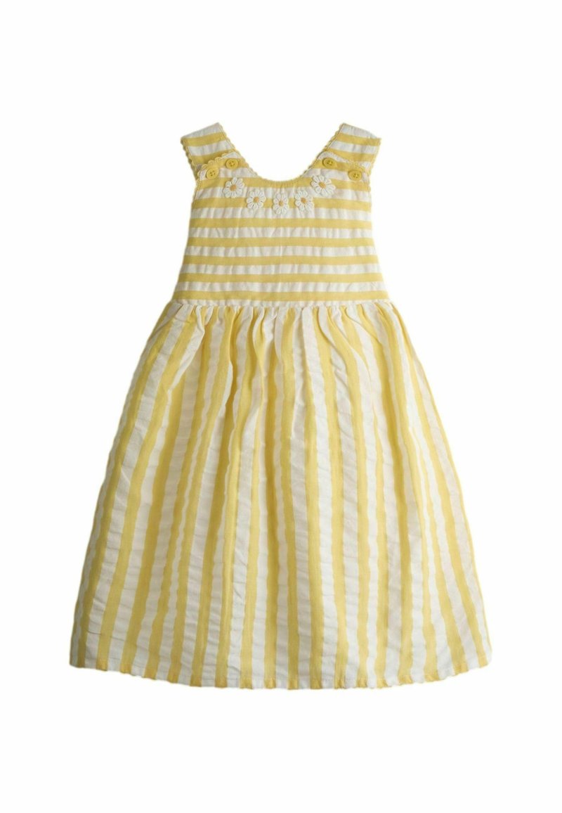 Vestido a rayas amarillas con tirantes ajustables, bordado floral en el escote y falda acampanada plisada. Textura de tela de algodón.