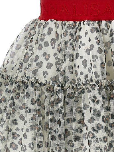 Sukňa z tylu s leopardím vzorom má červený elastický pás s textom "ANNALISA". Prúžkovaná textúra a vrstvené volány obohacujú dizajn.