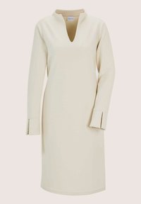 Beige Midi-Kleid mit langen Ärmeln, V-Ausschnitt und plissierten Bündchen, taillierte Passform, aus glattem Stoff gefertigt.