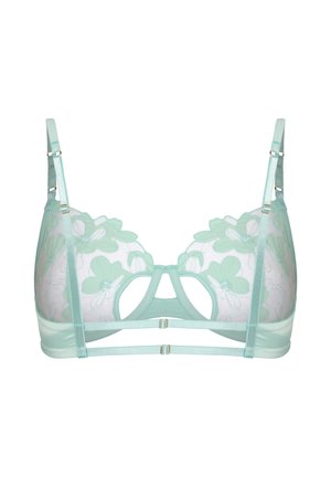Reggiseno verde menta trasparente con dettaglio in pizzo floreale, doppie spalline anteriori e spalline regolabili su sfondo bianco.
