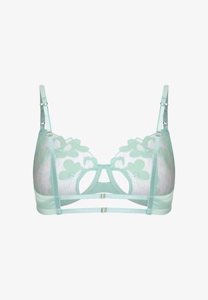 Sheer mint green bra with floral lace detail, dual front straps, and adjustable shoulder straps on a white background.