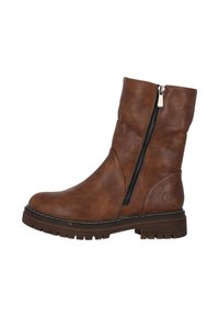 Bruna anklarstövlar i slätt läder med dragkedja på sidan och en robust, strukturerad sula. Diskret logotypdetalj på sidan.