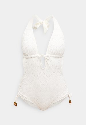 Bañador blanco de una pieza con diseño de cuello halter, patrón texturizado de diamantes, abertura frontal y lazos laterales con detalles de cuentas.