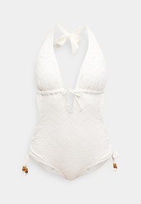 Maillot de bain une pièce blanc avec un col halter, un motif texturé en losanges, une découpe à l'avant et des liens latéraux ornés de perles.