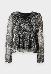 Schwarze Bluse mit langen transparenter Ärmel, die ein Wickeldesign, einen fließenden Peplum-Saum und zarte weiße Blumenmuster aufweist.