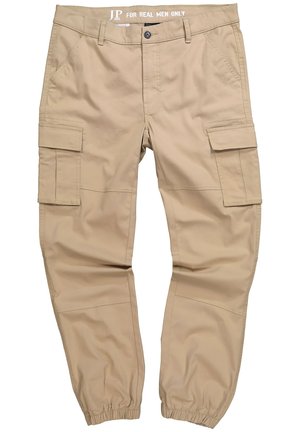 Pantalons cargo beiges avec des poignets élastiques, plusieurs poches latérales et une fermeture à bouton. Fabriqués en tissu durable avec une texture lisse.