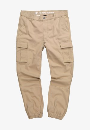 Pantalones cargo beige con puños elásticos, múltiples bolsillos laterales y un cierre de botón. Hechos de una tela duradera con una textura suave.