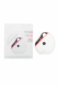 Uppvärmd LED-elektrisk guasha i vitt med en rosa accent. Rundad form, som har en av/på-knapp och en informationsruta.