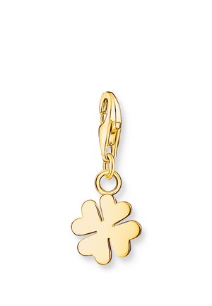 Ciondolo in metallo color oro a forma di quadrifoglio con chiusura a moschettone su sfondo bianco.