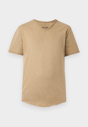 Beiges Herren-T-Shirt mit kurzen Ärmeln und V-Ausschnitt, schlanker Passform und feiner Struktur, flach vor weißem Hintergrund dargestellt.