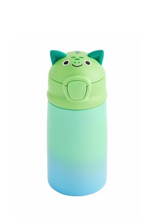 Kinderwasserflasche mit grünem katzenförmigem Deckel mit Ohren, Augen und einem lächelnden Mund sowie einem blau-grünen Farbverlauf am Körper.