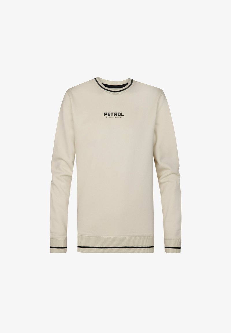 Felpa crema con logo "PETROL" nero. Presenta un colletto rotondo con bordo a righe bianche e nere e polsini a costine con strisce a contrasto.