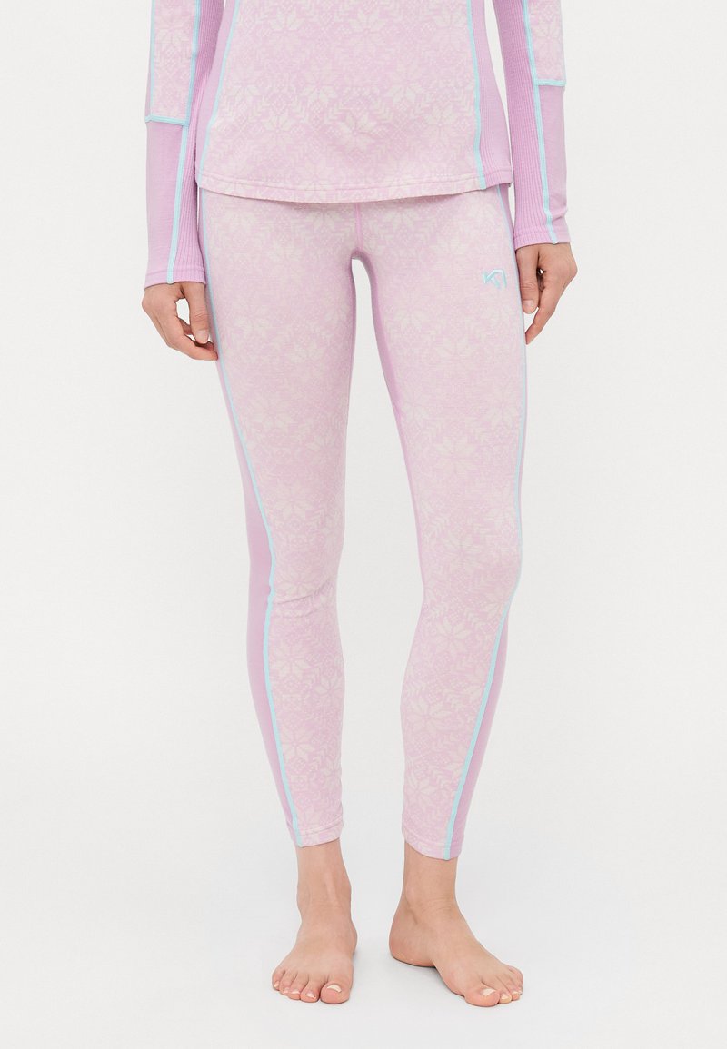 Ljust rosa leggings med blommönster, med turkosa sidopaneler och en logotyp. Tillverkade av stretchigt material, designade för komfort.