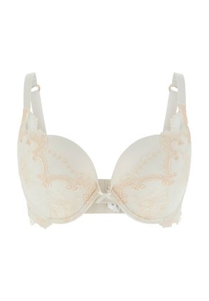 Reggiseno imbottito color crema con ferretto, dettagli in pizzo sulle coppe e sulle spalline, spalline regolabili e un piccolo fiocco al centro.
