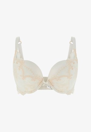 Crèmegekleurde gewatteerde beha met beugel, kantdetails op de cups en bandjes, verstelbare schouderbandjes en een kleine strik in het midden.