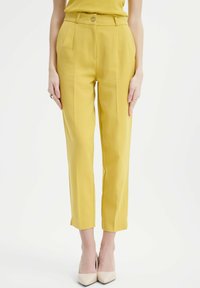 Żółte spersonalizowane spodnie z wysokim stanem i subtelnymi plisami; wykonane z gładkiego materiału, mają prostą nogawkę i pojedynczy detal w postaci guzika.