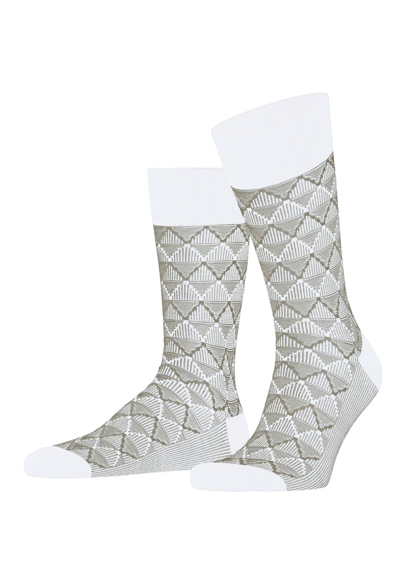 Gemusterte Crew-Socken mit einem strukturierten, geometrischen Design in Olivgrün und Weiß. Verfügt über einen einfarbigen weißen Bündchen und Zehen.