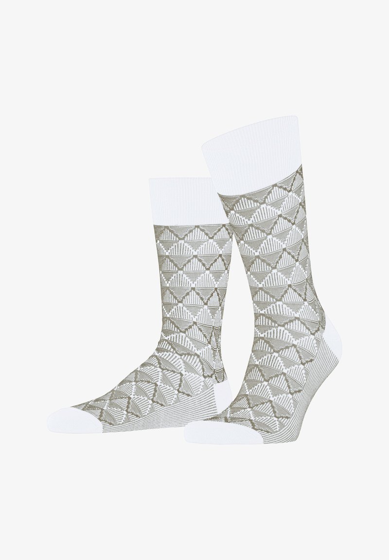 Gemusterte Crew-Socken mit einem strukturierten, geometrischen Design in Olivgrün und Weiß. Verfügt über einen einfarbigen weißen Bündchen und Zehen.