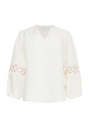 Witte blouse met een V-hals en lange, opbollende mouwen. Kenmerkt zich door verfijnde koraalkleurige borduursels langs de mouwranden. Zacht, textuurstof.