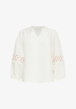Witte blouse met een V-hals en lange, opbollende mouwen. Kenmerkt zich door verfijnde koraalkleurige borduursels langs de mouwranden. Zacht, textuurstof.