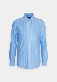 Camicia a maniche lunghe a righe azzurre con colletto abbottonato, dotata di un piccolo logo ricamato sul petto e polsini abbottonati.
