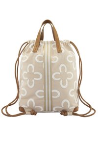 Borsa a cordoncino realizzata in tessuto beige con motivi floreali bianchi. Presenta manici in pelle beige e un accento a strisce verticali.