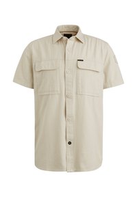 Chemise beige à manches courtes avec boutons, dotée de deux poches à rabat sur le devant et d'un col, présentée sur un fond blanc.