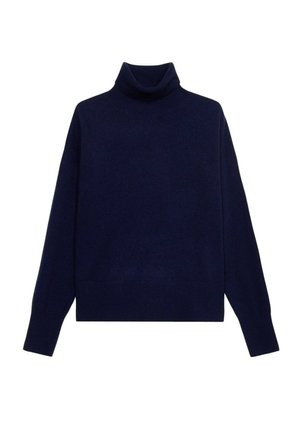 Granatowy sweter z golfem wykonany z miękkiej tkaniny. Posiada długie rękawy, dopasowany kołnierz i luźny krój. Brak wzorów lub akcentów.