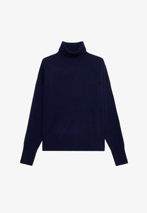 Marineblauwe coltrui gemaakt van een zachte stof. Beschikt over lange mouwen, een goed passende kraag en een ontspannen silhouet. Geen patronen of accenten.