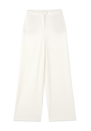 Pantalon blanc à jambes larges avec poches avant et fermeture dissimulée par boutons et zip à la taille.