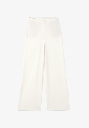 Pantalon blanc à jambes larges avec poches avant et fermeture dissimulée par boutons et zip à la taille.