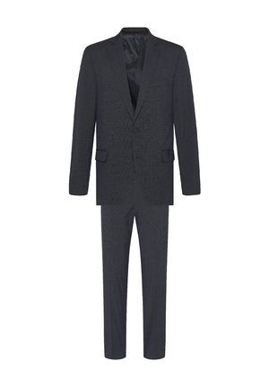 Dunkelgrauer zweiteiliger Herrenananzug mit einreihigem Sakko, zwei Knöpfen, Pattentaschen und passenden geraden Hosen.