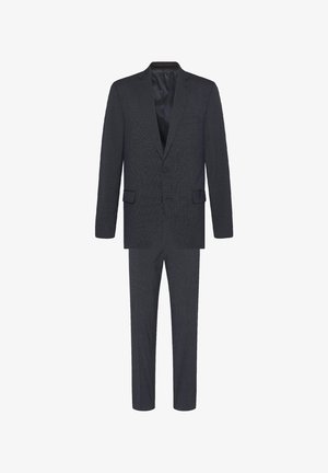 Donkergrijs tweedelig herenkostuum met een colbert met enkele rij knopen, twee knopen, klepzakken en bijpassende rechte broek.