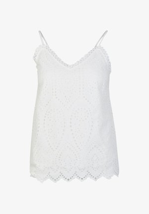 Valge ilma varrukateta top V-kaelusega, kaunistatud brodeeritud silmadega mustrite ja sakiliste servadega. Sile tekstuur ja õhukesed õlavarre rihmad.