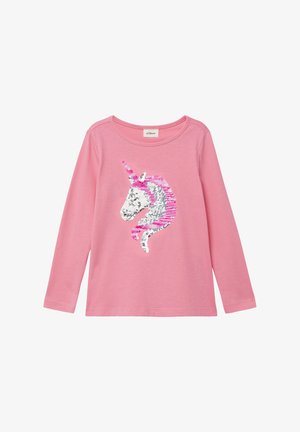 T-shirt à manches longues en coton rose avec un motif de licorne en sequins blanc, argenté et rose. Encolure ronde et coupe décontractée.