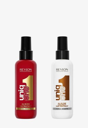 Deux flacons de spray de traitement capillaire Revlon Professional Uniq One, un rouge et un blanc, chacun avec un bouchon noir et un texte doré.