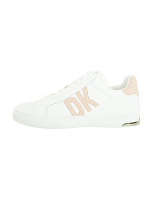 Weisse Leder Sneaker mit einem rosa Akzent an der Ferse. Verfügt über Schnürsenkel, eine Gummisohle und ein auffälliges "DK"-Logo an der Seite. Strukturiertes Finish.