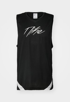 Camiseta atlética sin mangas negra hecha de material de malla, con un prominente logo blanco de Nike en el frente y detalles en blanco en el dobladillo.