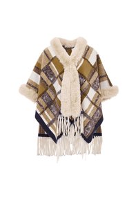 Kariertes Poncho in Beige-, Braun- und Goldtönen mit Kunstpelzkragen. Verfügt über einen Fransensaum und weite Ärmel für zusätzlichen Komfort.