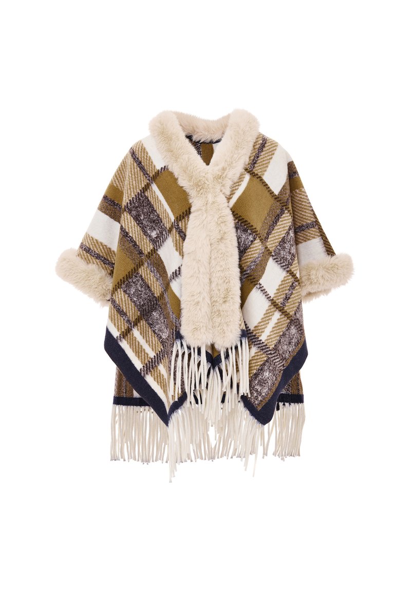 Kariertes Poncho in Beige-, Braun- und Goldtönen mit Kunstpelzkragen. Verfügt über einen Fransensaum und weite Ärmel für zusätzlichen Komfort.