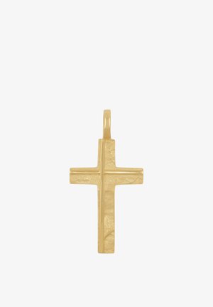 Ciondolo a forma di croce in oro con superficie liscia e strutturata, dotato di un anello nella parte superiore per una catena o una collana.