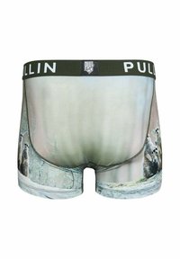 Les boxers pour hommes présentent un imprimé graphique de suricates sur un fond vert clair. La ceinture est vert foncé avec le logo "PULL IN".