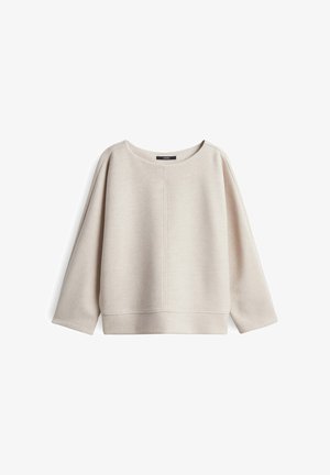 Pullover beige realizzato in tessuto morbido, con scollo a barca, maniche larghe e orlo dritto con dettagli di cucitura minimi.