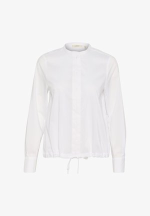 Biela dlhá košela s dlhými rukávmi a okrúhlym výstrihom, s gombíkovou prednou časťou a šnúrkou na spodnom leme na úpravu. Hladká textúra látky.