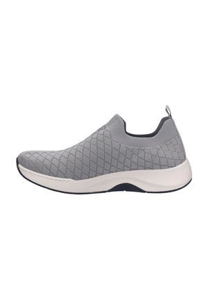 Light gray slip-on sneaker with diamond-patterned knit upper, padded collar, pull tab at heel, and white cushioned sole with black outsole.