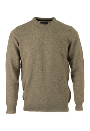 Beiger Pullover mit Rundhalsausschnitt und langen Ärmeln, gerippten Bündchen und Saum, weichem strukturiertem Stoff und kleinem, auf der Brust gesticktem Logo.