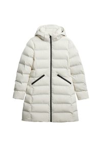 Witte donsjas met capuchon, voorzien van een voorkant rits, twee zwarte ritszakken en een doorgestikt ontwerp met gelijkmatig verdeelde stukken.